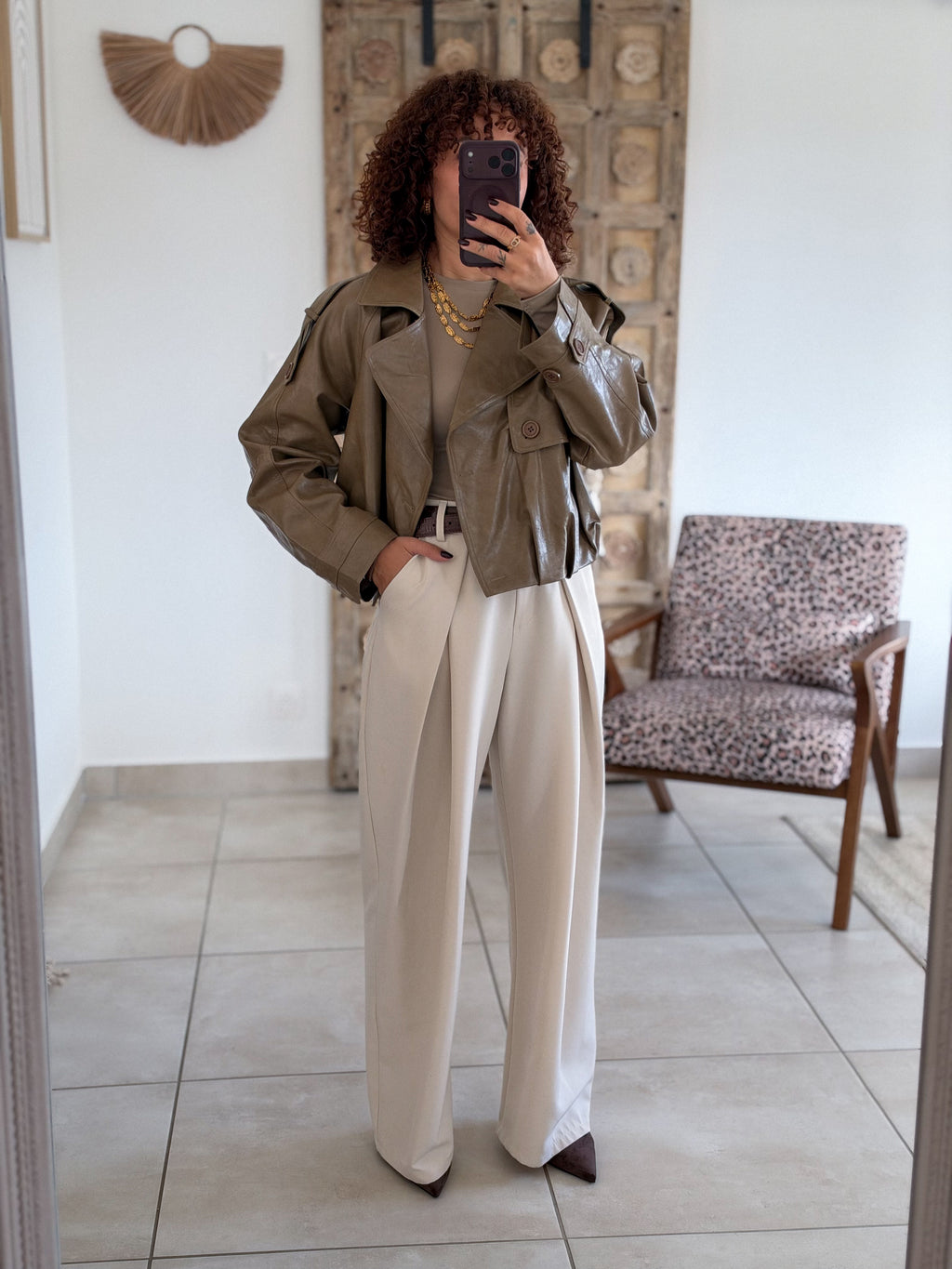 Veste Capucine - Simili cuir taupe kaki