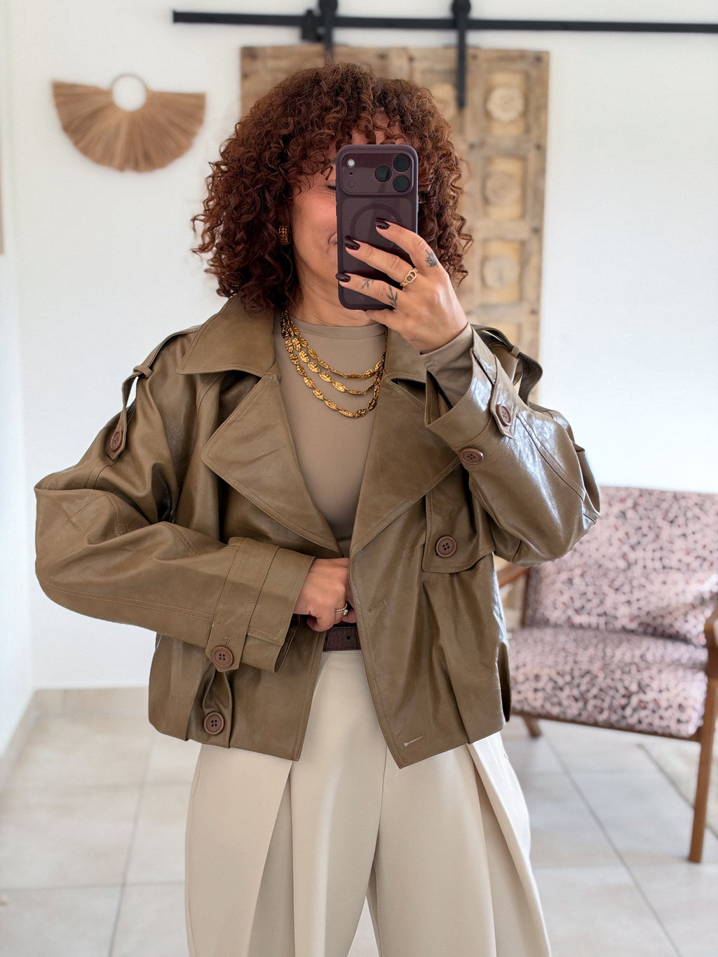 Veste Capucine - Simili cuir taupe kaki