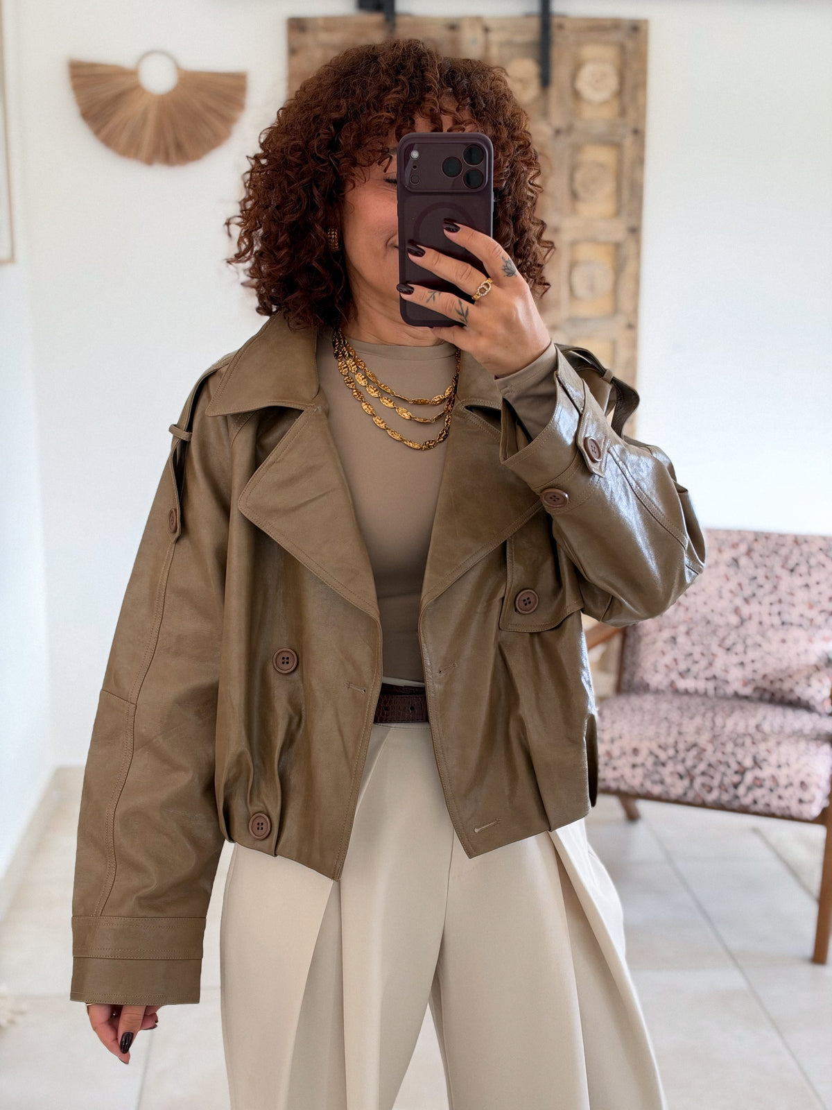 Veste Capucine - Simili cuir taupe kaki