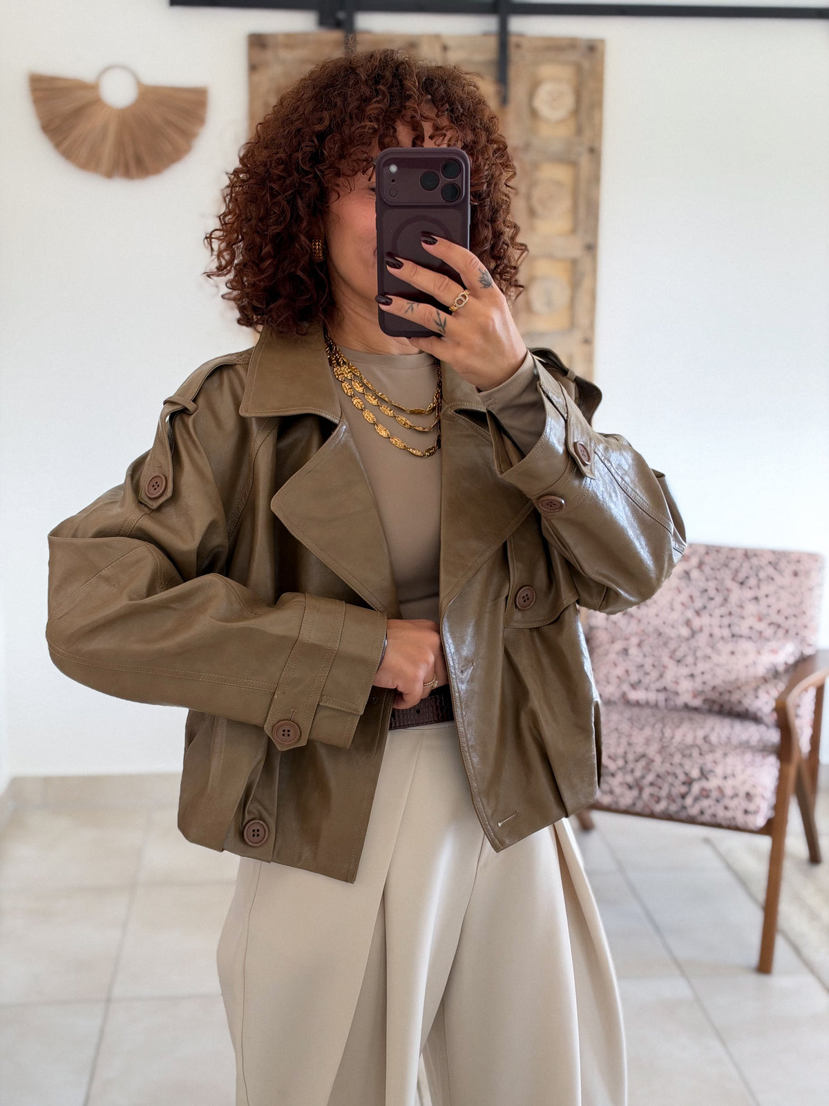 Veste Capucine - Simili cuir taupe kaki