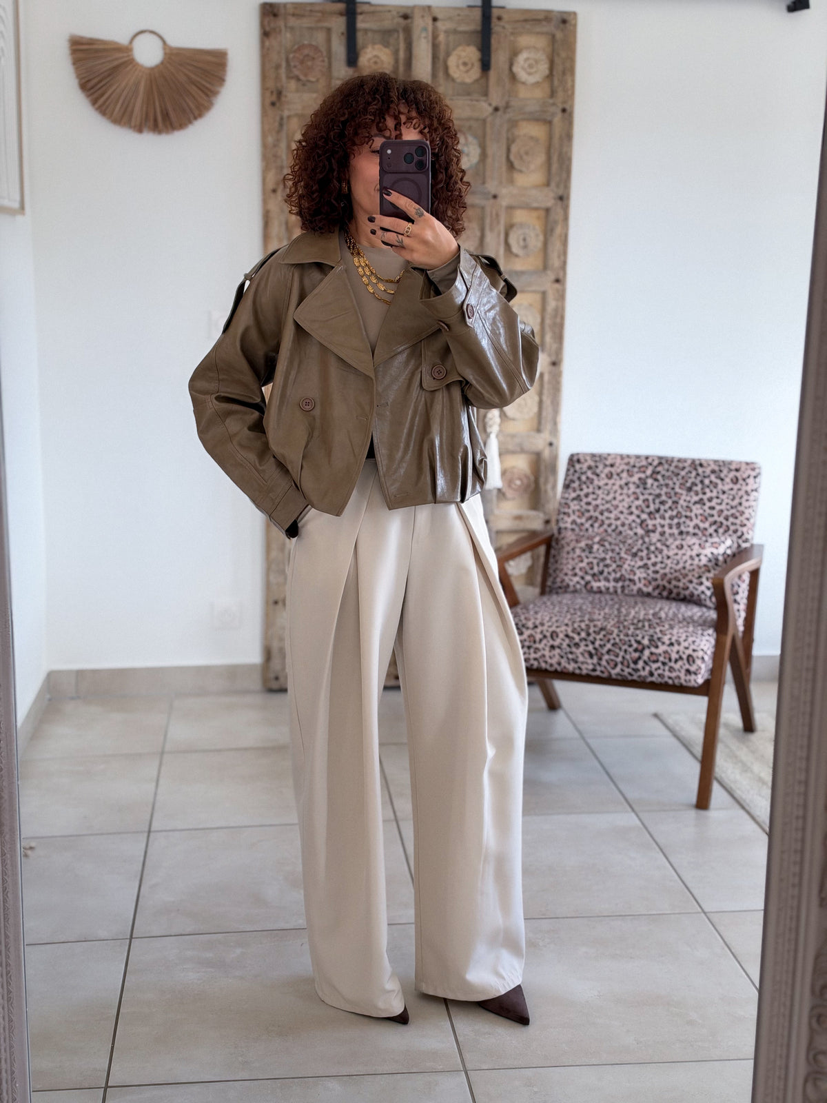 Veste Capucine - Simili cuir taupe kaki