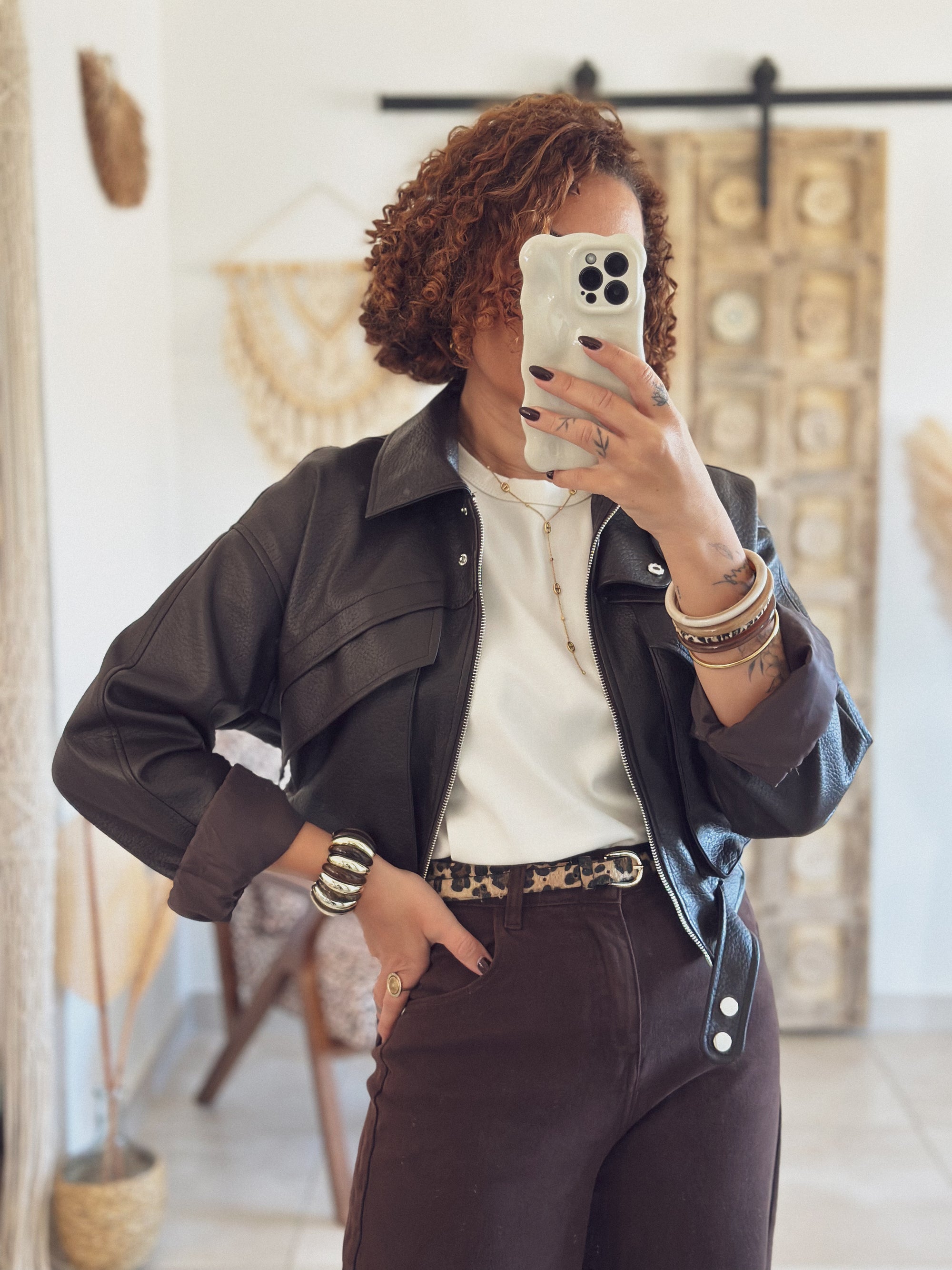 Veste Mila – Marron effet cuir grainé