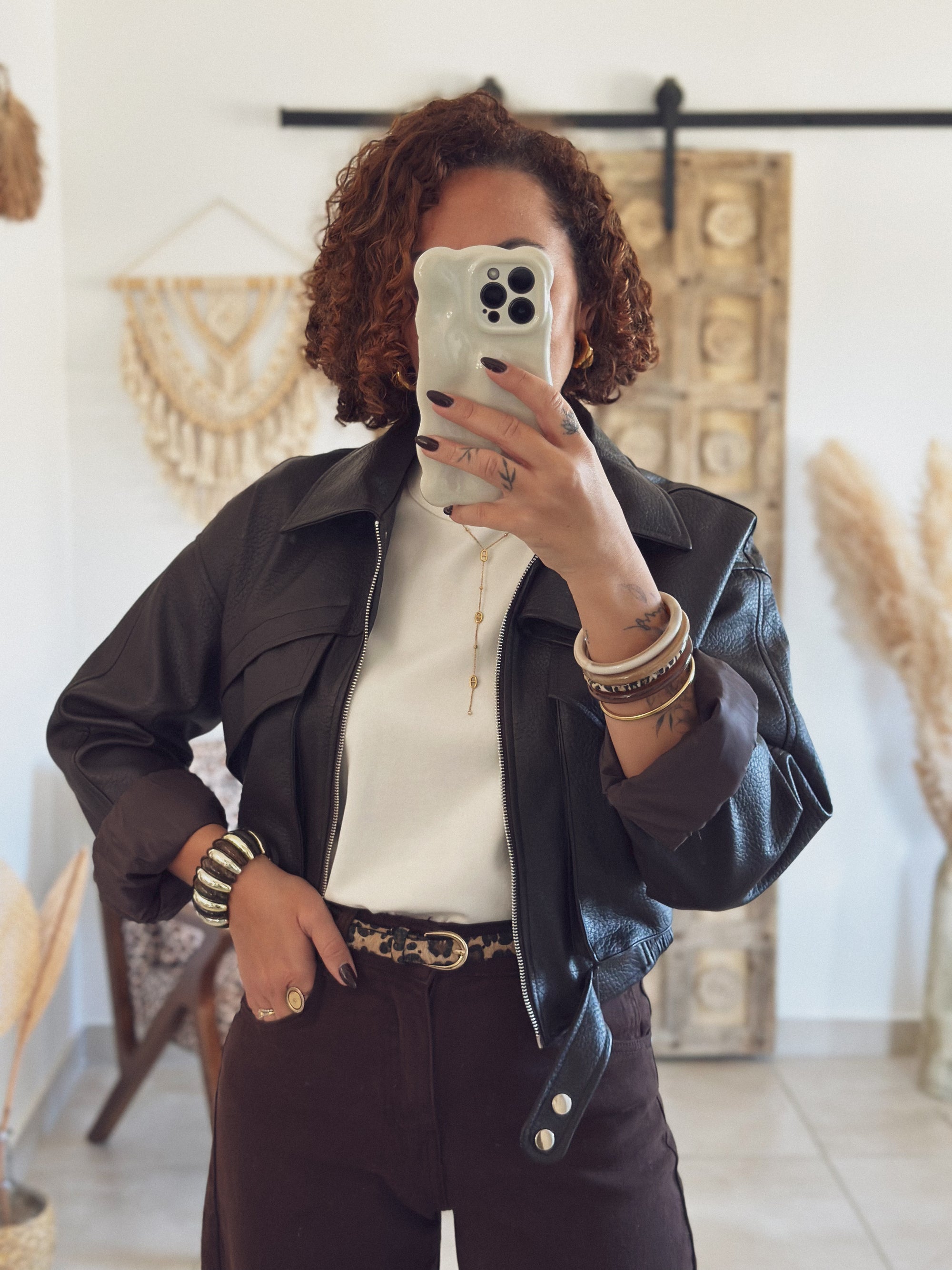 Veste Mila – Marron effet cuir grainé