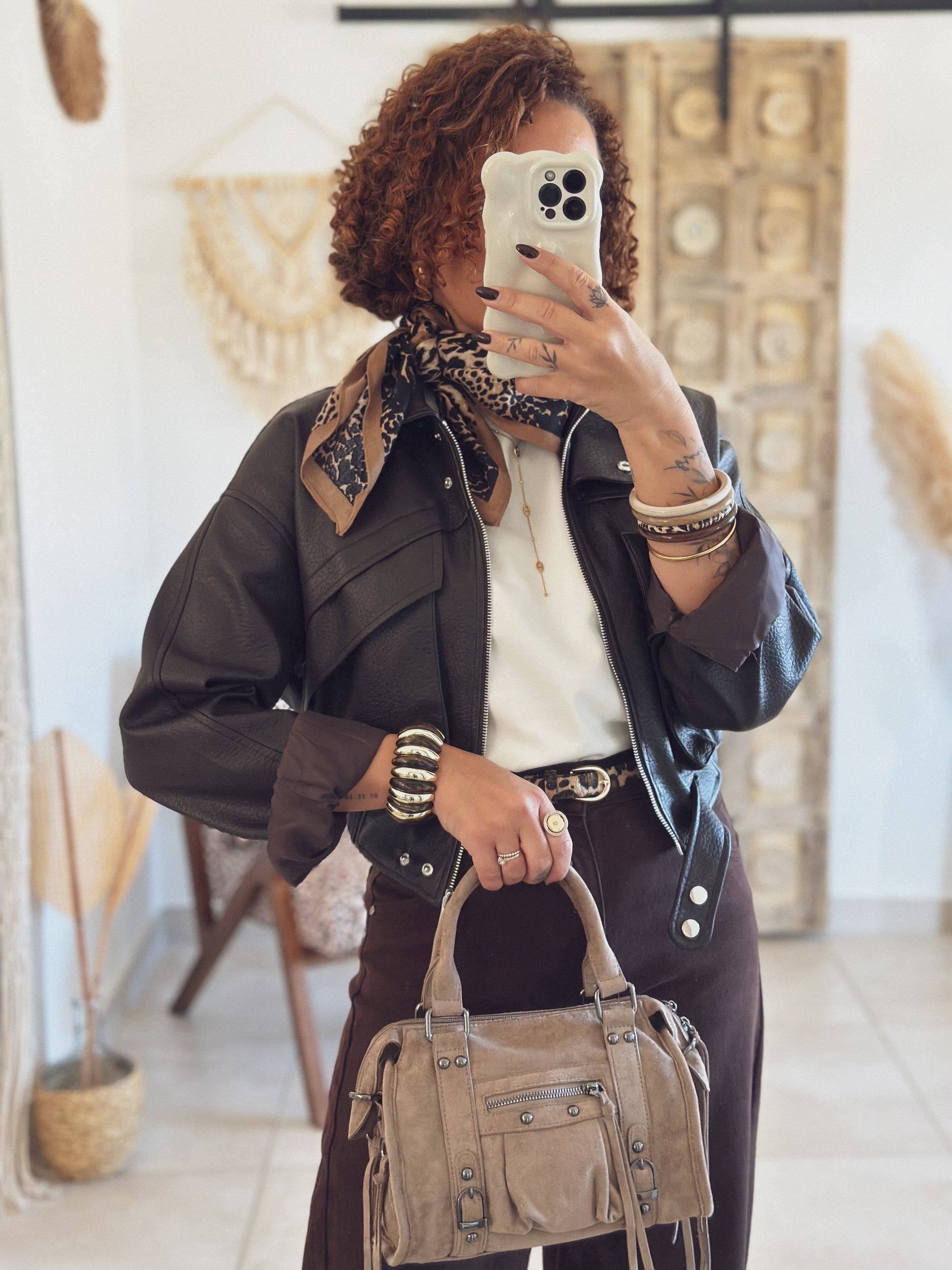 Veste Mila – Marron effet cuir grainé